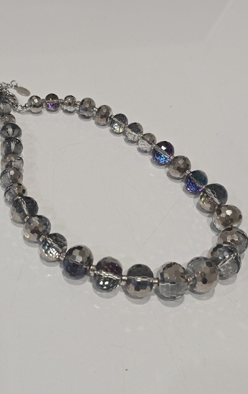 Vintage Cookie Lee necklace chunky, faceted gray & Iridescent Disco Balls